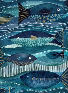 a painting of fish swimming in the ocean