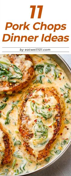 a pan filled with food covered in cheese and spinach on top of a table