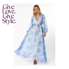 in stock Chic Blue Flowy Floral Dress, Blue Floral Dress For Day Out, Blue Flowy Floral Dress For Dress Down Occasions, Chic Blue Floral Dress For Casual Occasions, Blue Floral Maxi Dress For Garden Party, Feminine Blue Floral Dress For Spring, Blue Flowy Floral Dress For Brunch, Chic Light Blue Floral Print Dress, Spring Blue Floral Print Maxi Dress