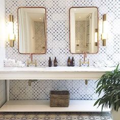 a bathroom with two sinks and mirrors on the wall next to a potted plant