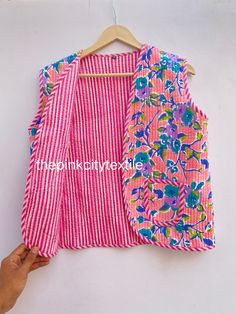 Welcome to Thepinkcitytextile Fabric Quality - 100 % cotton Sizes - Small Size - Chest -38 inch / 96.52 cm Length- 20.5 inch / 52.07 cm Shoulder -14.5 inch / 36.83 cm Medium Size - Chest-40 inch / 101.6 cm Length- 20.5 inch / 52.07 cm Shoulder -15 inch / 38.1 cm Large Size - Chest- 42 Inch / 106.68 cm Length- 21 inch / 53.34 cm Shoulder -15.5 inch / 39.37 cm XL Size - Chest -44 inch / 111.76 cm Length - 21 Inch / 53.34 cm Shoulder-16 inch / 40.64 cm XXL size Chest- 46 inch / 116.84 cm Length -22 inches / 55.88 cm Shoulder-17 inch / 43.18 cm Handmade... For the very reason that each item has been handmade there is always an element of human error, whether it be a missed stitch or overlapping block print design. Yet for us the beauty is in the imperfection. These are the signs that mean your Multicolor Cotton Winter Vest, Pink Sleeveless Cotton Vest, Pink Patchwork Outerwear For Summer, Summer Pink Patchwork Outerwear, Pink Vest Outerwear For Spring, Pink Fitted Sleeveless Outerwear, Pink Sleeveless Cotton Outerwear, Fitted Pink Vest Outerwear, Pink Sleeveless Vest With Pockets