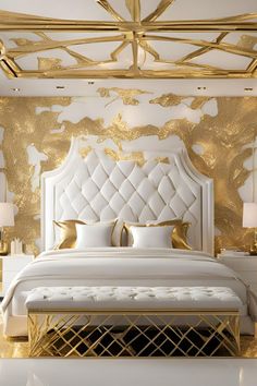 a bedroom with gold and white decor on the walls, flooring and bedding