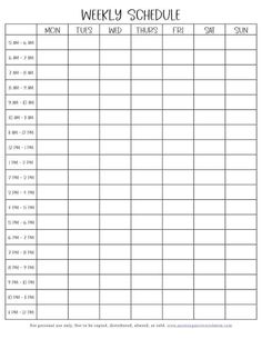 a printable weekly schedule for the week with times and hours to go on it