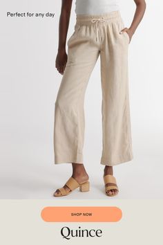 Looks like effortless style. Feels like pajamas. We love these wide-leg linen lounge pants from our best-selling European linen collection for casual work days, lazy weekends, and vacation vibes. Relaxed fit, elastic waistband, drawstring, and functional front pockets (obvi).  | Quince | Women's 100% European Linen Wide Leg Pants in Driftwood, Size XS Versatile Linen Bottoms For Vacation, Relaxed Linen Bottoms For Loungewear, Versatile Linen Wide Leg Beach Pants, Relaxed Linen Bottoms In Neutral Color, Comfortable Linen Wide Leg Summer Pants, Comfortable Linen Wide Leg Pants For Spring, Comfortable Linen Wide Leg Pants For Summer, Relaxed Neutral Linen Bottoms, Chic Linen Bottoms For Everyday