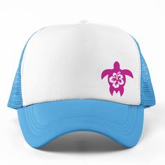 New Hat. For Men Or Women. Pink Color Sea Turtle With Hibiscus Flower Corner Graphic Foam Trucker Hat In 2-Tone Light Blue And White. Lightweight Poly-Foam Trucker Cap With Mesh Back Curved Bill Visor For Optimal Shading Adjustable Plastic Snap Strap Adult Unisex One Size Fits Head Circumferences Up To 60cm Style Tags # Tropical Ocean Surf Life Relax Hang Ten Sport Baseball Hat Cap Vacation Travel Hot Weather Guys Mens Womens Teens Cute Casual Outdoors Original Custom Cool Unique Handmade Trendy Spring Beach Snapback Cap, Cute Beach Trucker Hat Snapback, Beach Trucker Hat Baseball Cap, Pink Fun Baseball Cap For Beach, Novelty Trucker Hat For Beach, One Size Fits Most, Camo Bucket Hat, Straw Cloche Hat, Flower Foam, Special Occasion Hats