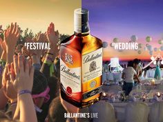 a bottle of alcohol being held up in front of people at an outdoor event with the words ballantine's live above it