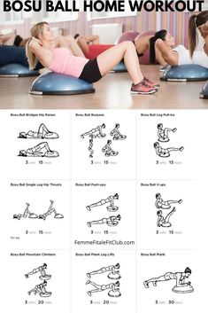 a woman doing the bosui ball home workout with instructions on how to do it