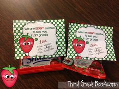 two valentine's day candy bags on a table with green and white polka dots