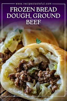 the frozen bread is filled with ground beef and lettuce on it's side