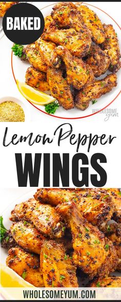 lemon pepper wings on a white plate with the words baked in black and red above it