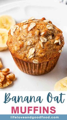 banana oat muffins on a plate with sliced bananas