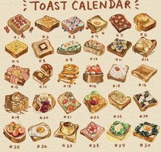 a poster with different types of cakes and pastries on it's side, including toast