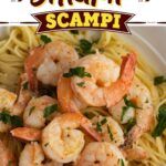 shrimp scampi on top of pasta in a white bowl