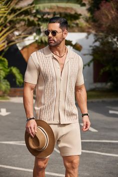 Step out in style with our Men's Vintage Inspired Brown Knit Short Shirt & Shorts Set. Made from high-quality materials, this set offers a classic and comfortable look with a touch of vintage charm. Perfect for casual outings, vacations, or even lounging at home. Get yours now and elevate your wardrobe! 80%viscose20%polyester Care instructions Machine Wash PREMIUM FABRIC: The men's vintage 2 piece set is made of knit fabric with super soft feeling, which it provide you a comfortable and nature s Mens Clothing Styles Beach, Shorts Men’s Fashion, Goa Wear Men, Florida Classic Outfits, Mens Palm Springs Outfit, Summer Casual Outfit Men, Men’s Cancun Outfits, Home Outfit For Men, Men's Old Money Style