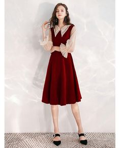 Shop Burgundy A Line Tea Length Party Dress With Collar Sleeves online. All instock with free shipping. Pro since 2009. Elegant Burgundy A-line Dress, Burgundy A-line Midi Dress For Party, Elegant Red Fit And Flare Midi Dress, Elegant A-line Burgundy Dress, Elegant Burgundy Winter Dress, Burgundy A-line Dress For Fall, Elegant Burgundy Midi Dress For Fall, Burgundy A-line Midi Dress For Formal Occasions, Burgundy Fitted A-line Midi Dress