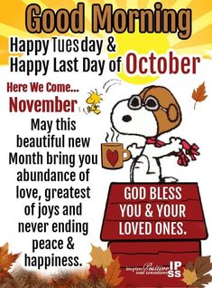 a happy thanksgiving card with a cartoon dog holding a coffee cup and the words, good morning