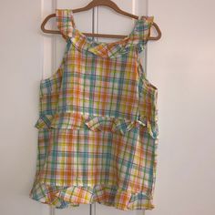 New W/Tags, 100% Cotton Swingy, Breezy Pastel Plaid Tank Top With Adorable Ruffles At Neck, Bottom Hem And Mid Section. Perfect For Casual Or Dressy Spring & Summer Parties, Picnics & Play Dates; Over Leggings, Skirts And Shorts! Casual Multicolor Ruffled Tops, Casual Spring Blouse For Playtime, Summer Ruffle Tops For Playwear, Summer Ruffled Tops For Playwear, Multicolor Spring Playwear Tops, Playful Spring Tops For Playtime, Cute Ruffled Tops For Playwear, Cute Plaid Tops For Spring, Preppy Multicolor Tops For Spring