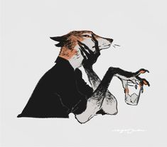 a drawing of a fox holding a drink