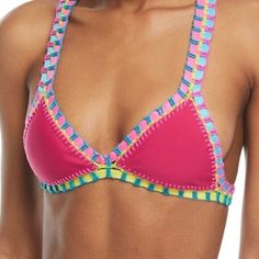 Pilyq Platinum Magenta Triangle Bikini Swim Top Color: Pink Blue Teal Yellow Size: Medium Solid Pattern Crochet Trim Accents Halter Straps Triangle Cup Shape Hand Wash Only Vibrant Pink Triangle Top Swimwear, Playful Pink Triangle Top Swimwear, Fun Pink Triangle Top Swimwear, Fun Pink Swimwear For Festival, Beachy Clothes, Metallic Swimsuit, Crochet Trim Top, Funky Shirts, Animal Print Swimsuit