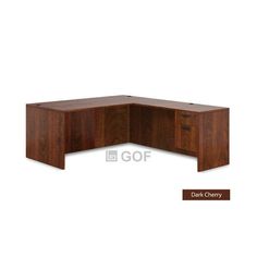 an office desk with two drawers on the left side and a dark cherry finish on the right