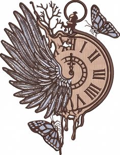 a drawing of a clock with wings and butterflies on it's face is shown