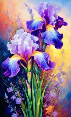 an oil painting of purple and white flowers