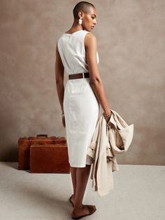 Linen-Blend Shift Dress | Banana Republic Factory Fitted White Belted Summer Dress, White Fitted Belted Summer Dress, Elegant Belted Sleeveless Dress For Work, Chic Sleeveless Belted Formal Dress, Sleeveless Formal Dress With Belt Detail, Sleeveless Belted Dress For Work, Chic Fitted White Belted Dress, Sleeveless Belted Dress For Summer Formal Events, Sleeveless Summer Formal Belted Dress