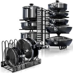 a rack with pots and pans on it