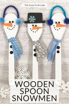 wooden spoons with snowmen wearing hats and scarves on their heads are featured in the crafty craft lady magazine