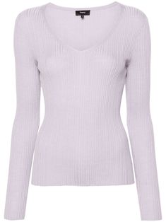 light purple wool blend ribbed knit plunging V-neck long sleeves straight hem Purple Long Sleeve, Long Sleeved Shirt, Knitted Tops, Knitted Top, Knitwear Women, Light Purple, Knit Top, Ribbed Knit, Wool Blend