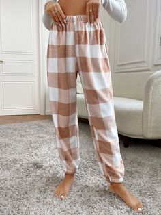 Buffalo Plaid Print Sleep Trousers Apricot Casual-Woman   Flannelette Plaid Pajama Bottoms Non-Stretch All,Fall/Winter Women Sleep & Lounge, size features are:Bust: ,Length: ,Sleeve Length: Fuzzy Pajama Pants, Plaid Pajama Pants, Cute Pajama Sets, Cozy Pajamas, Casual Preppy Outfits, Winter Pajamas, Pajamas Comfy, Cute Lazy Day Outfits