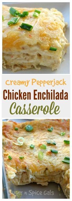 chicken enchilada casserole with green onions on top and in the middle