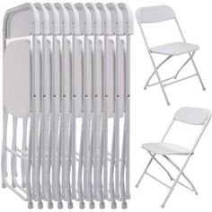 white folding chairs are set up next to each other with the back and side panels folded down