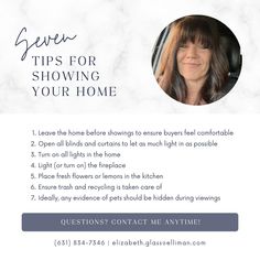 a flyer with the words seven tips for showing your home and an image of a woman's face