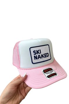 Get ready to hit the slopes in style with our "Ski Naked" Trucker Hat! This pink and white hat is perfect for any adventure, whether skiing, snowboarding, or just hanging out in the snow. Its playful design and comfortable fit make it a must-have for any winter outing. FINAL SALE Pink Adjustable Trucker Hat For Outdoor, Adjustable Pink Trucker Hat For Outdoor, Adjustable Pink Hat For Outdoor Activities, Pink Trucker Hat For Sports, White Snapback Trucker Hat For Winter, Adjustable White Trucker Hat For Winter, Trendy White Trucker Hat For Outdoor, Casual White Winter Trucker Hat, Pink Snapback Hat For Outdoor Activities