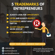 an advertisement for the 5 trade mark's of enterprises, featuring people standing in front of