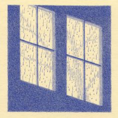 a blue and white drawing of a window with rain drops on the windowsills