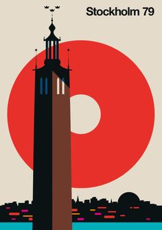 the poster shows a tall tower with a clock on it's side and a red sun in the background