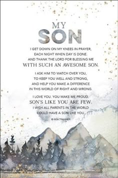 a watercolor painting with the words, my son on it and mountains in the background