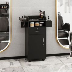 a hair salon with chairs and mirrors