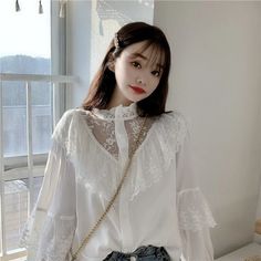 🌻 Vintage Ruffle Blouse - $32.90 - Cottagecore Clothes Lace Shirts, Loose Clothes, Women Lace Blouse, Floral Chiffon Blouse, Fashion Stand, Lace Blouse Long Sleeve, Lace Trim Blouse, Women Blouses Fashion, Straight Clothes