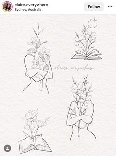 four different types of flowers are shown in this drawing