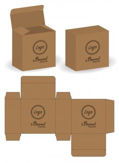 four cardboard boxes with logos on them and the inside one open to reveal an empty box