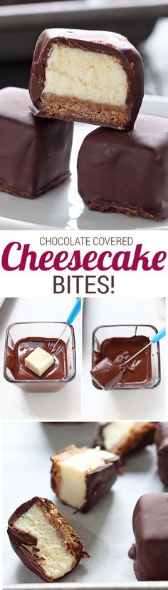 chocolate covered cheesecake bites are stacked on top of each other and ready to be eaten