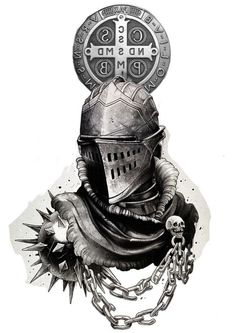 a black and white drawing of a helmet on top of a chain with chains around it