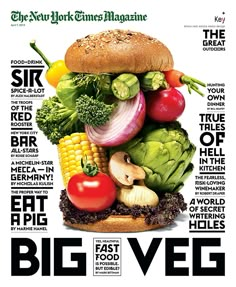 an advertisement for the new york times magazine with vegetables and meat stacked on top of each other