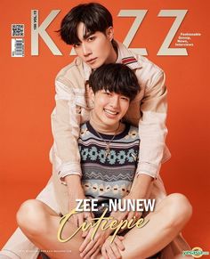 two people sitting on top of each other in front of an orange background with the cover of k -zz magazine