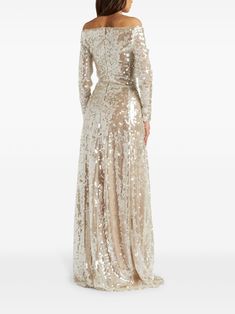 Find GENNY Sequin-embellished Maxi Dress on Editorialist. beige sequin embellishment concealed rear zip fastening asymmetric neck off-shoulder pleat detailing long sleeves floor-length