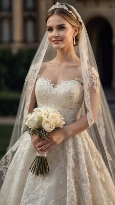 a woman in a wedding dress holding a bouquet of flowers and wearing a bridal veil