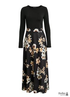 This flirty black dress is perfect for a boho-inspired look. The loose, flowy silhouette and delicate floral print make it ideal for summertime style. Pair with sandals or wedges and statement jewelry to complete the ensemble. This versatile piece can be dressed up or down depending on your mood and occasion. You'll love the freedom of movement afforded by the comfortable fabric blend, making this an essential addition to your wardrobe. Bohemian Black Dress, Black Bohemian Dress, Plus Size Long Dresses, Bohemian Style Clothing, Floral Print Dress Long, Suspenders For Women, Maxi Dresses Fall, Black Boho, Boho Dresses